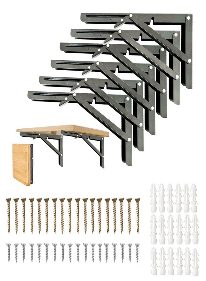 Medach Folding Wall Mounted Shelf Brackets, Heavy Duty Black Metal for Bendable Table, Space Saving (8 Inch, 6 Pcs) - Image 1
